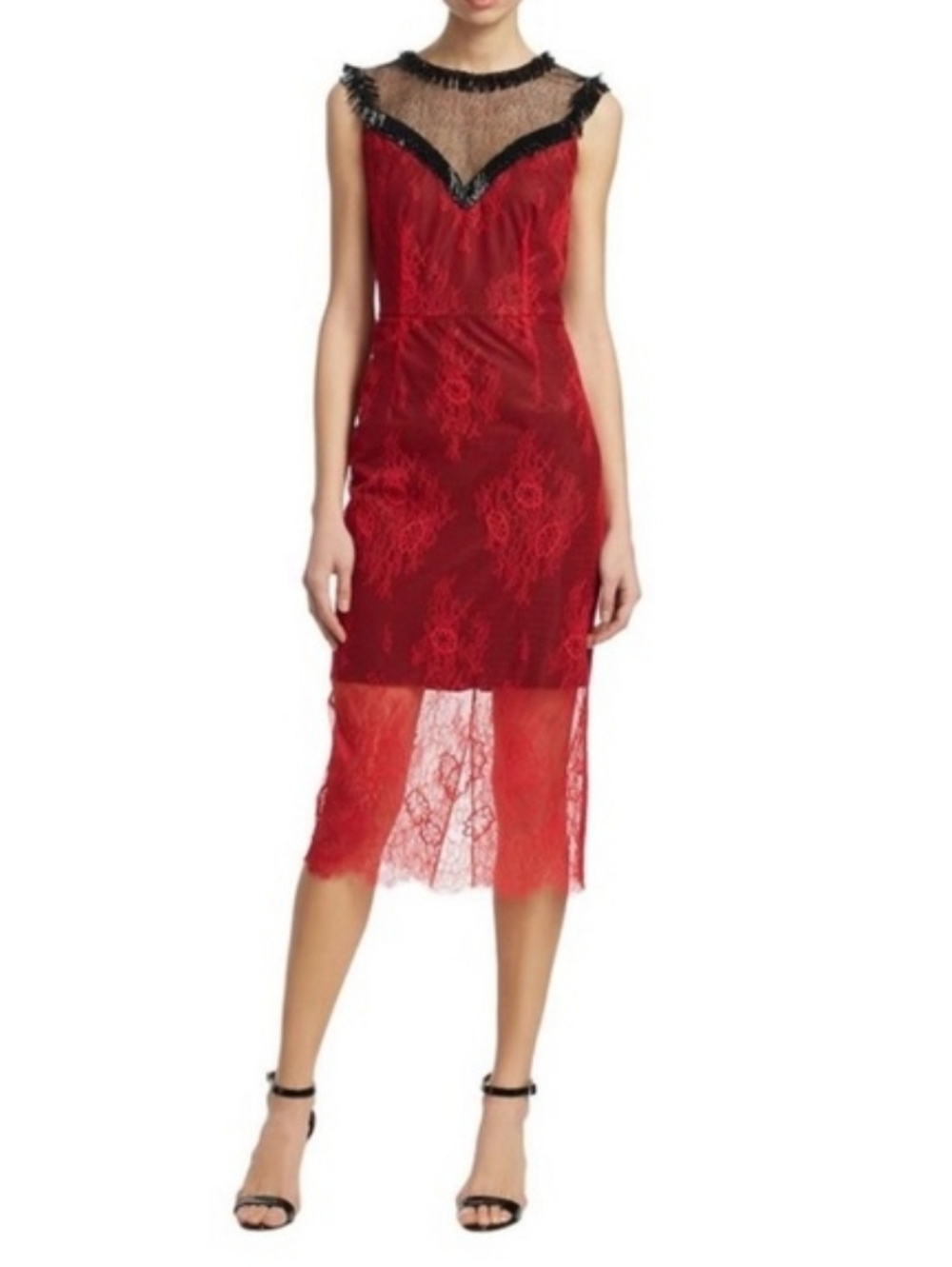 Diane von Furstenberg Red Lace Sheer Midi Cocktail Dress Size 8